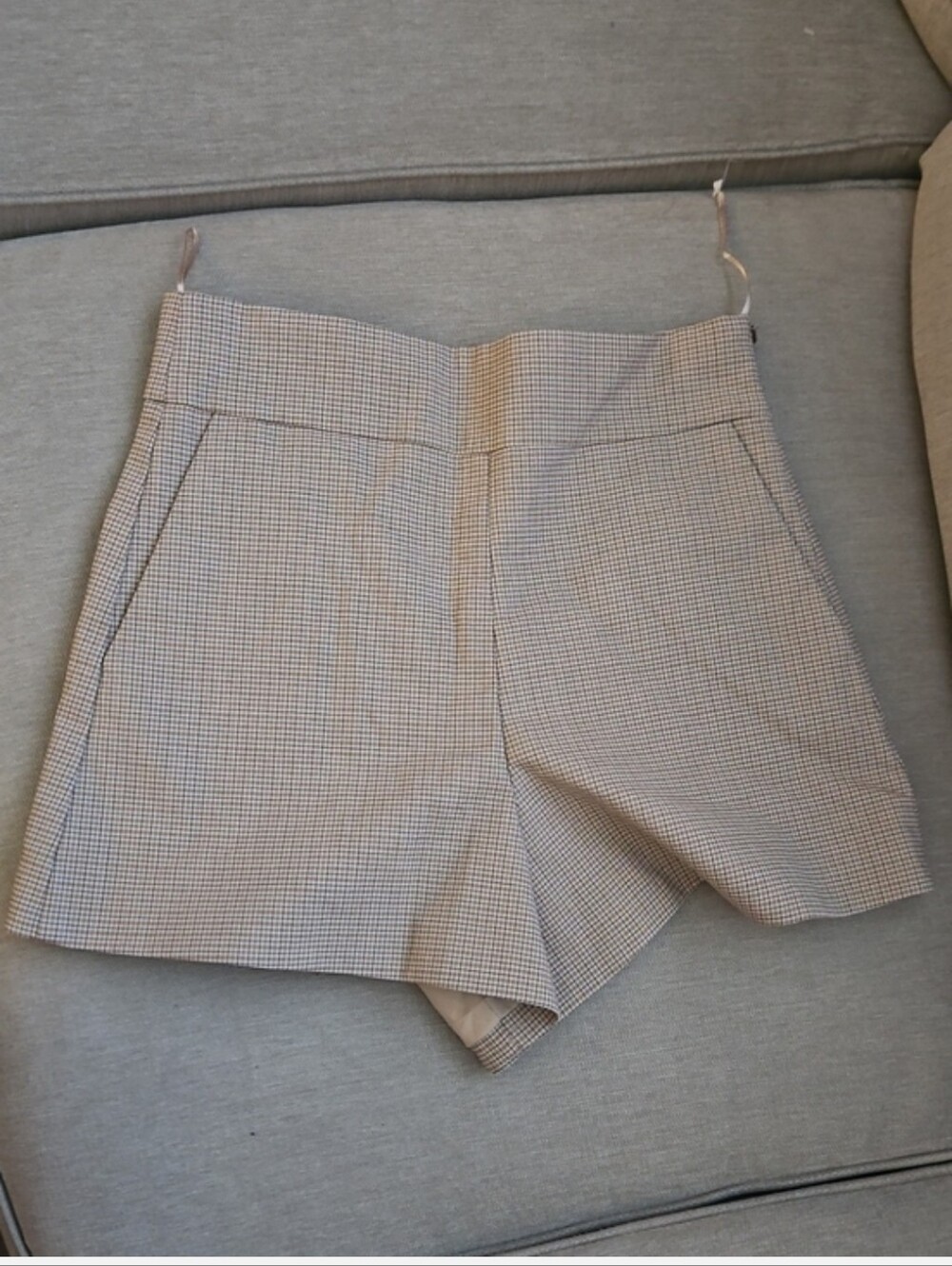 Zara Micro Check Tailored Bermuda Shorts Beige Plaid High Rise